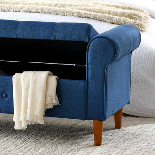 62" Bedroom Tufted Button Storage Bench, Modern Fabric Upholstered Ottoman, Window Bench, Rolled Arm Design for Bedroom, Living Room, Foyer (Blue)