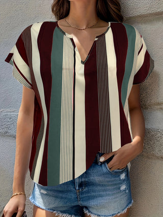 Striped Notched Short Sleeve Blouse for Women