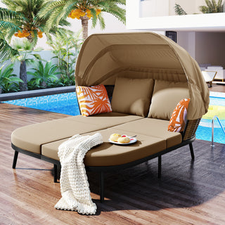 TOPMAX 74.8" L Patio Daybed with Retractable Canopy, Outdoor Rattan PE Wicker Loveseat Sofa Set with Throw Pillows & Cushions for Backyard, Poolside, Garden (Brown)