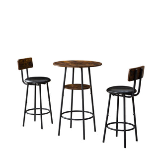 Three-Piece Round Dining Table Set, Two-Level Small Dining Table with Storage, Bar Table with 2 Upholstered Bar Chairs with Backrest, Ideal for Restaurants, Cafes, Bars