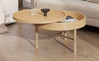 Modern Round Wood Rotating Tray Coffee Table with Storage & Metal Legs in Natural