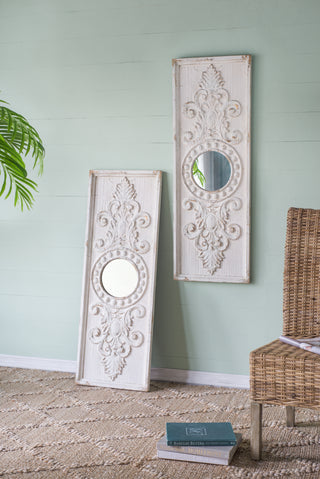 Set of 2 Large Wooden Wall Art Panels with Distressed White Finish and Round Mirror Accents,17' x 48'