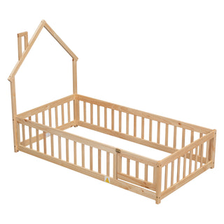 Twin House-Shaped Headboard Floor Bed with Fence – Natural Wooden Bed Frame