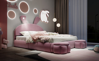 Full Size Upholstered Platform Bed with Cartoon Ears Shaped Headboard and Light, Pink