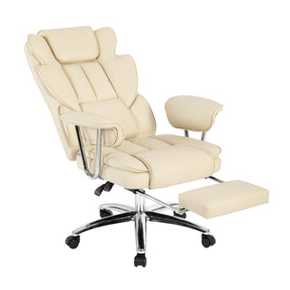 Big and Tall Executive Office Chair with Footrest – Leather Ergonomic Reclining High Back Computer Chair, Large Home Office Chair (Beige)