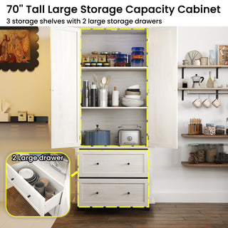 70" Tall Kitchen Pantry Storage Cabinet with 2 Drawers and 3 Shelves, Minimalist Wood Large Storage Cabinet for Kitchen, Dining Room, Living Room, Bathroom (Antique White)