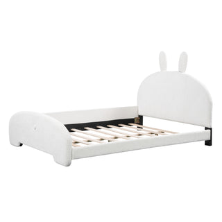 Full Size Upholstered Platform Bed with Cartoon Ears Shaped Headboard, White