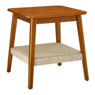 23" Mid-Century Side Table with Woven Shelf, Boho Side Table with Storage, Bedside Tables, Small Side Table for Living Room Couch Bedroom Patio Home Office