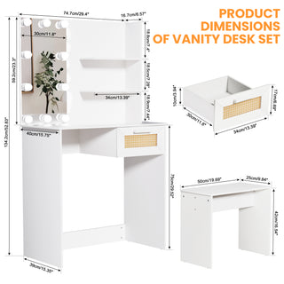 Vanity Desk Set Stool & Dressing Table with LED Lighting Mirror Drawer and Compartments Modern Wood Cosmetic Table Chest of Drawers White Color