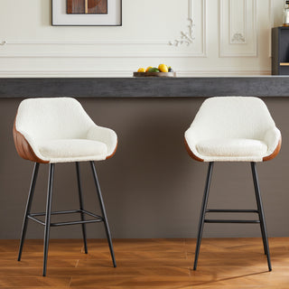 26" Modern Counter Height Bar Stools Set of 2, Mid Century Leather Upholstered Accent Arm Bar Stools, Leisure Side Chair with Metal Legs for Kitchen&Dining Room