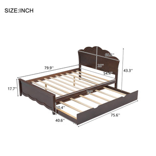 Full Size Wood Platform Bed with Headboard and Twin Size Trundle, Cappuccino