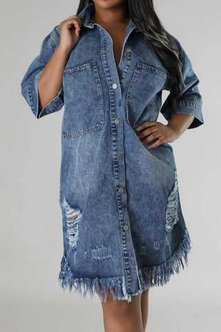 Distressed Raw Hem Button Up Denim Dress for Women