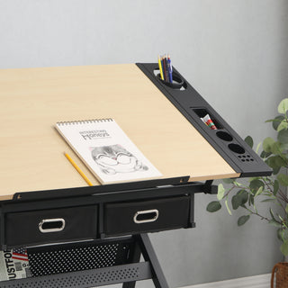 Adjustable drafting table with 2 drawers and stool (wood) for home office and school