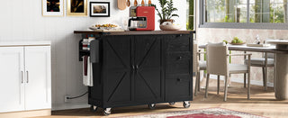 K&K 54.5" Farmhouse Kitchen Island with Power Outlet, Internal Storage Rack, Drop Leaf, Spice Rack, Rolling Cart on Wheels, for Kitchen, Dining Room, Black