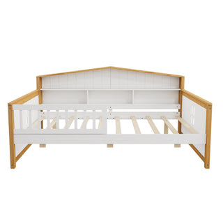 Full Size House Shape Daybed with Trundle & Bookcase Headboard – Wooden Bed with Safety Guardrails, No Box Spring Needed, Walnut & White for Girls, Boys, Teens