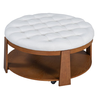 Modern Large Round Ottoman Coffee Table 2-Tier Oversized Button Tufted Ottoman with Wood Shelf Storage Upholstered Coffee Table for Living Room Footrest Ottoman with wheel, waterproof Linen