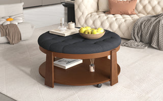 Modern Large Round Ottoman Coffee Table 2-Tier Oversized Button Tufted Ottoman with Wood Shelf Storage Upholstered Coffee Table for Living Room Footrest Ottoman with wheel, waterproof Linen