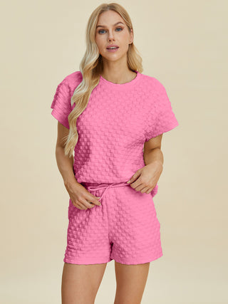 Double Take Full Size Texture T-Shirt and Shorts Set