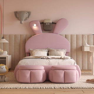 Twin Size Upholstered Platform Bed with Cartoon Ears Shaped Headboard and Light, Pink