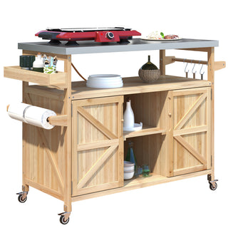 K&K Outdoor Kitchen Island, Rolling Bar Cart and Storage Cabinet, Farmhouse Solid Wood Outdoor Grill Table with Stainless Steel Top, Spice Rack, Towel Rack for Kitchen and BBQ, Natural