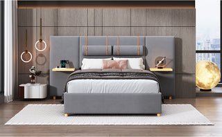 Full size upholstered platform bed with two outlets and USB charging ports on both sides, two bedside pillows, storage shelf, Velvet,Gray