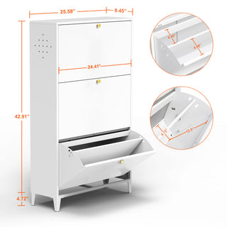 3-Drawer All Steel Shoe Cabinet, Freestanding Shoe Rack Storage Organizer with Flip Door, Modern Tipping Bucket Shoe Cabinet for Entryway, Hallway, Bedroom, White, Requires Assemble
