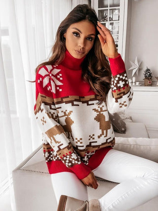 Reindeer Turtleneck Drop Shoulder Sweater