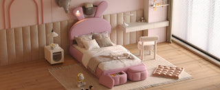 Twin Size Upholstered Platform Bed with Cartoon Ears Shaped Headboard and Light, Pink