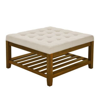 Upholstered Coffee Table Tufted Linen Large Square Ottoman with Beech Wood Shelf and Frame, Oversized Footrest Ottoman for Living Room,Office,Bedroom,Outdoor  IVORY