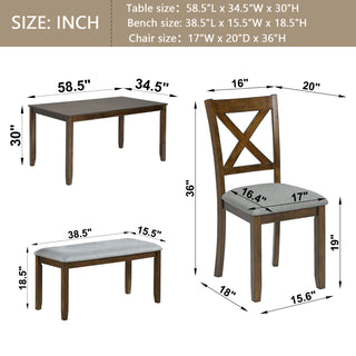 6 Piece Kitchen Dining Set, Rectangular Wooden Dining Table with 4 Upholstered Chairs and a Bench, Dining Table Set for 6 People, Living Room, Home Bar and Kitchen, Walnut