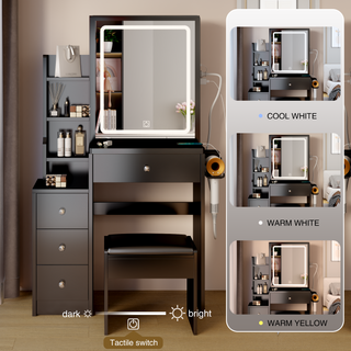 Small Space Left Bedside Cabinet Vanity Table with Cushioned Stool, 2 AC + 2 USB Power Station, Hair Dryer Bracket, Extra Large Touch Control Sliding LED Mirror, Tri-color Switching, Brightness Adjustable