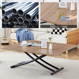 Modern Minimalist Multifunctional Lifting Table – 0.8-Inch Wood Grain Desktop with Black Metal Legs, Versatile Use as Dressing Table, Coffee Table, Dining Table, or Office Table