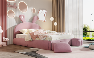 Full Size Upholstered Platform Bed with Cartoon Ears Shaped Headboard and Light, Pink