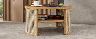 2-Tiered Round Natural Wood Coffee Table with Storage Rattan Base in 31.3''