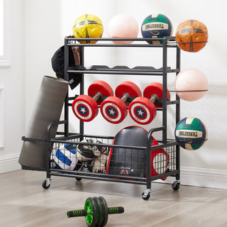 4-Tier Metal Storage Organizer with Rolling Wheels, Basketball Sports Equipment Organizer, Yoga Mat & Larger Ball Storage Rack with Baskets and Hooks for Tennis Racket, Football, Indoor/Outdoor