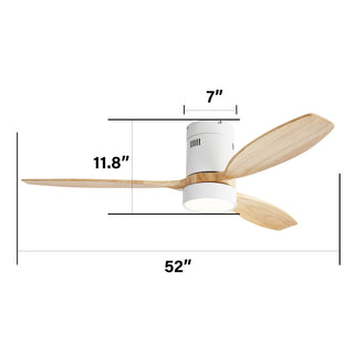 52 Inch Flush Mount Ceiling Fan DC 3 Solid Wood Fan Blade Noiseless Reversible Motor Remote Control With Light