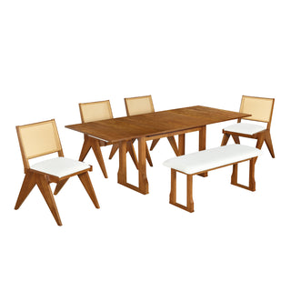 TOPMAX Modern 6-Piece 82.7inch Extendable Dining Table Set with 4 Wicker Back Upholstered Dining Chairs and Long Bench, Two 11.8-inch Removable Leaf,Walnut