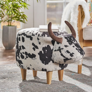 Black and White Velvet Cow-Shaped Ottoman - Cushioned Foot Stool for Living Room, Bedroom, Nursery & Playroom