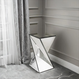 Geometrical Mirrored Side Table, Silver, Modern Chic Design, Durable and Clear, Ideal for Bedroom, Office, Living Room, 13.75" x 13.75" x 25.6"