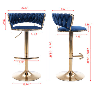 Set of 2  Bar Stools,with Chrome Footrest and Base Swivel Height Adjustable Mechanical Lifting Velvet + Golden Leg Simple Bar Stool-BLUE