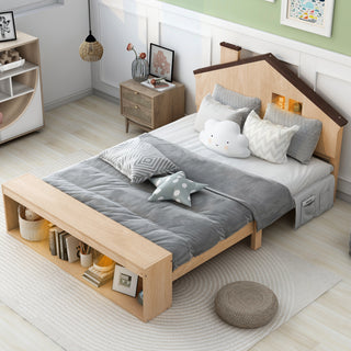 Full Size House Platform Bed with LED Lights and Storage, Wood Color