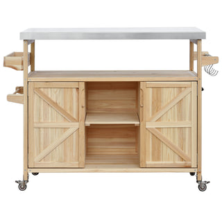 K&K Outdoor Kitchen Island, Rolling Bar Cart and Storage Cabinet, Farmhouse Solid Wood Outdoor Grill Table with Stainless Steel Top, Spice Rack, Towel Rack for Kitchen and BBQ, Natural