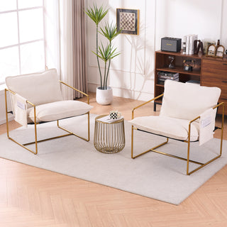 2 Chairs in 1 Box, Upholstered Hanging Armchair with Arm Pockets, Metal Frame, Gold-Plated Craftsmanship, Crushed Foam Cushions, Skin-Friendly Woven Fabric for Living Room and Bedroom, Beige