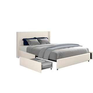 Anna Patented 2-Drawer Storage Bed Queen Size Ivory Velvet Upholstered Wingback Platform Bed, Modern Design Headboard with Tight Channel, Wooden Slat Mattress Support No Box Spring Needed