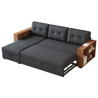 Upholstered Pull Out Sectional Sofa with Storage Chaise, Convertible Corner Couch, Dark Grey-Wooden handrail