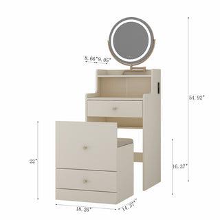 3 in 1 Vanity Desk With mirror and light ,Small makeup vanity set with charging station, With 2 drawers and open storage space, with upholstered stool, Compact Dressing Table Writing Desk for Small Sp