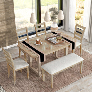 TREXM 6-Piece Rubber Wood Dining Table Set with Beautiful Wood Grain Pattern Tabletop Solid Wood Veneer and Soft Cushion (Natural Wood Wash)