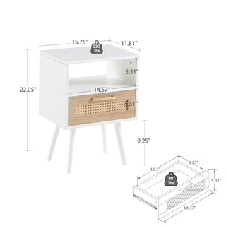 15.75" Rattan End table with  drawer and solid wood legs, Modern nightstand, side table for living room, bedroom, white