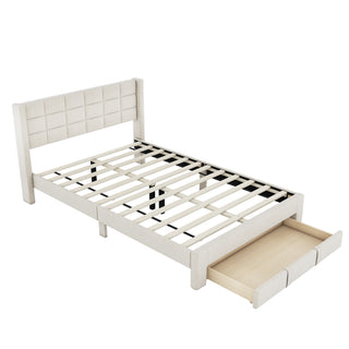 Queen Size Upholstered Platform Bed with A Big Drawer, Beige