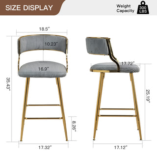 SET OF 2,26'' Counter height bar stools Corduroy kitchen island counter bar stool with back,golden chromed base and footrest (GREY)